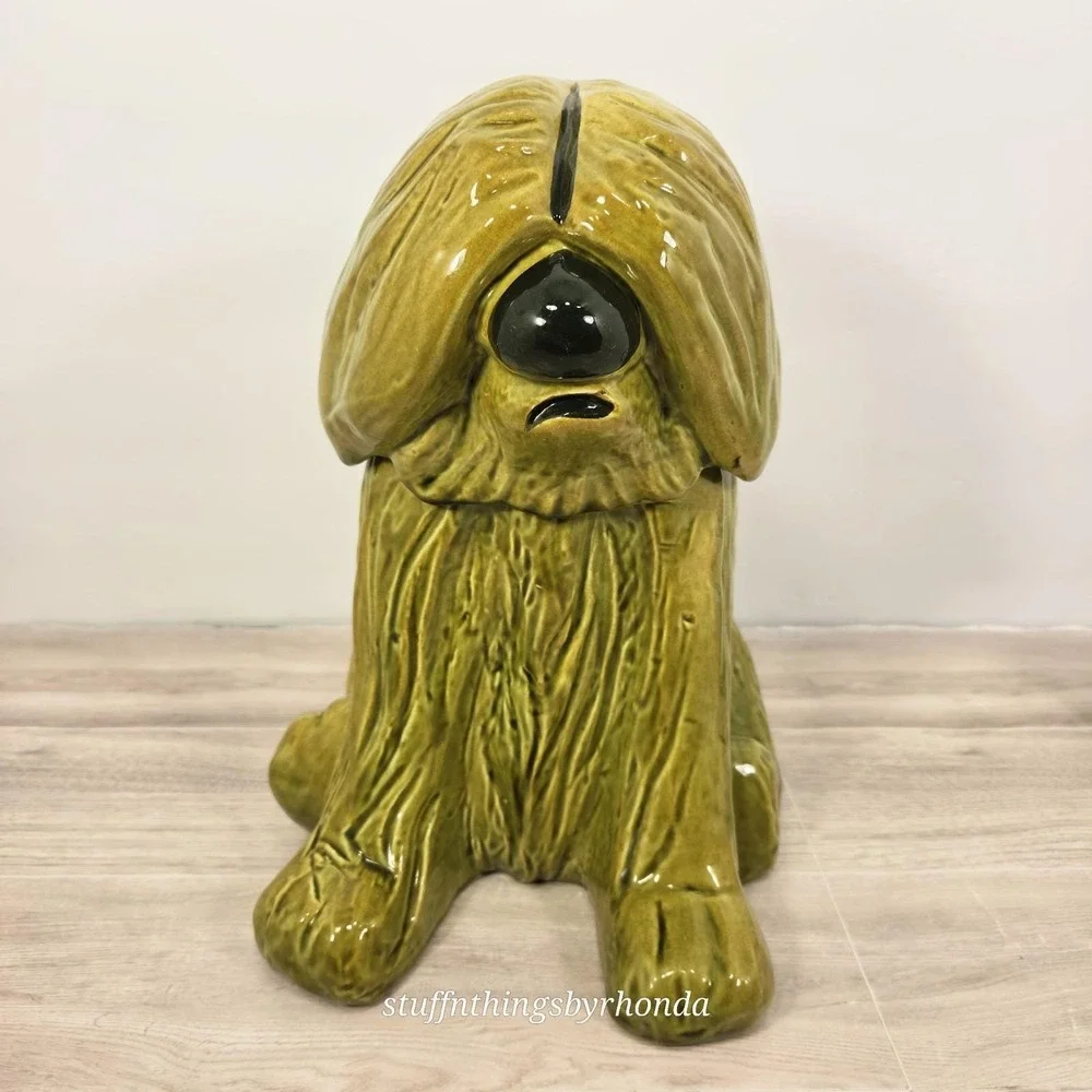 Vintage 1970s MCM Avacado Green Sheepdog Cookie Jar By Doranne of California